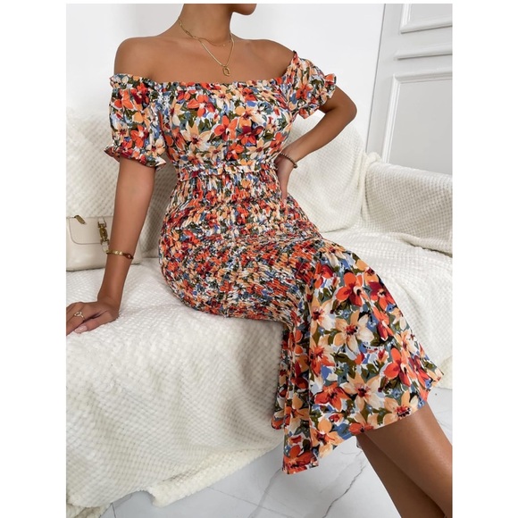 SweatyRocks Women's Floral Print Off Shoulder Shirred Midi Dress Short Sleeve - Picture 3 of 4